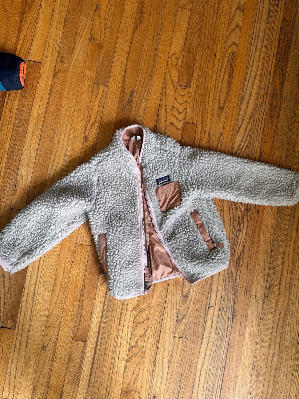 Patagonia Kids Ivory Sherpa Jacket with Pink Trim Accents